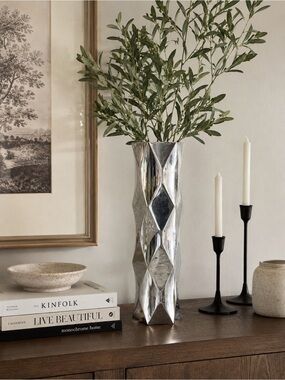 Nambe Metalic Silver Geometric Tall Vase - Elegant Home Accent